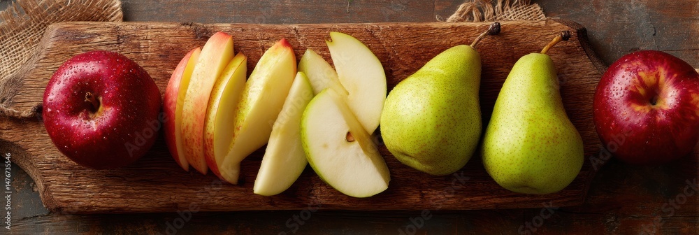 Poster sliced apples and pears arranged on a wooden cutting board with space above for text or decoration