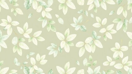 Seamless pattern of scattered stylized leaves in soft green and light tones on a light green background, creating a gentle, natural, and decorative botanical design.