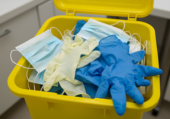 Discarded medical masks and gloves in waste bin