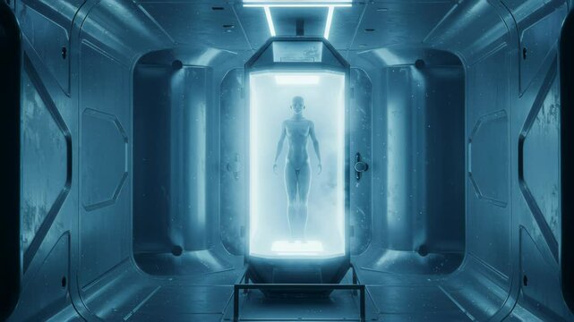 Futuristic human in cryogenic chamber inside modern sci-fi facility  