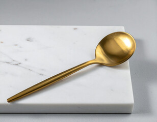 A curved brass spoon resting atop a solid white marble slab in muted lighting.