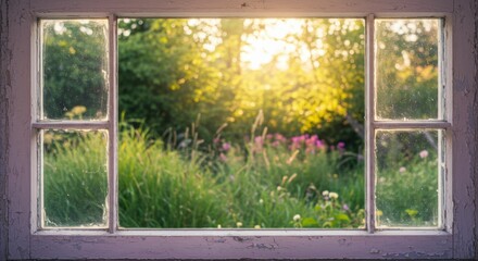 Naklejka premium Garden view through a window at sunset. Sunlight streams through the window pane