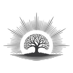 Tree Silhouette with Radiating Sunburst Effect – Black & White Illustration