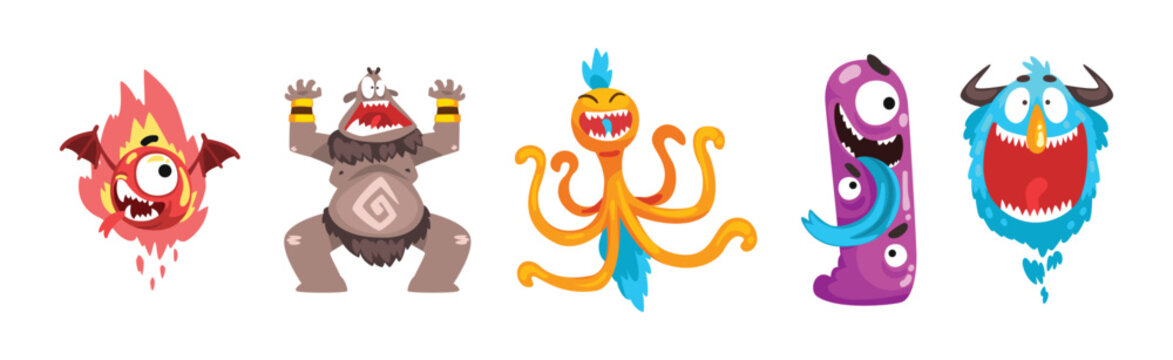 Funny Monster with Spooky Muzzle with Teeth and Bulging Eye Vector Set