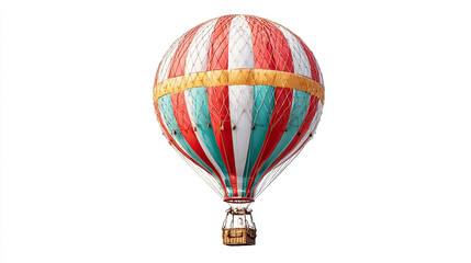 Naklejka premium Colorful vintage hot air balloon with red, white, and teal stripes isolated on white background