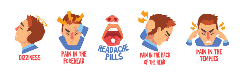 Severe Headache with Man Suffer from Strong Pain in Head Vector Set