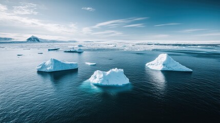 Aerial view of icebergs in a vast expanse of water.