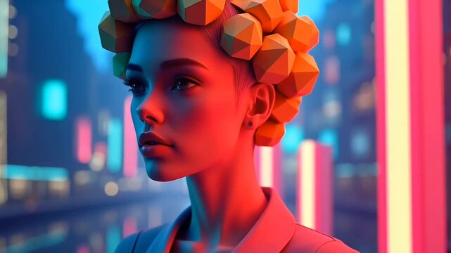 Stylish woman in neon-lit city with polygon geometric hair design