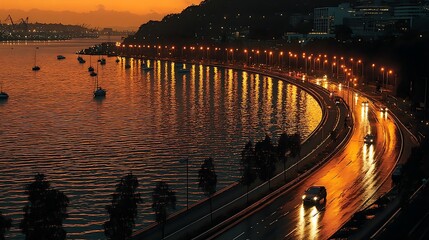 Water with boats, lights along the coast, and vehicles on a road.