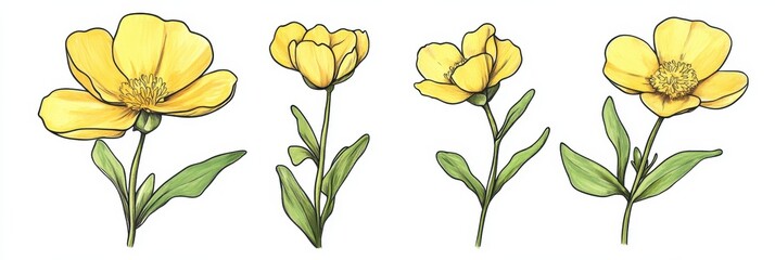 Buttercup Drawing. Hand-drawn Floral Illustration of a Beautiful Bloom