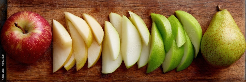 Leinwandbilder sliced apples and pears arranged neatly on a wooden cutting board with space available for additiona