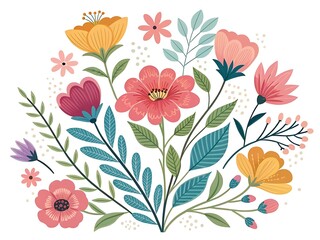 Beautiful bouquet illustration with various stylized colorful flowers and leaves on white background