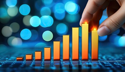 Hand placing a glowing bar on a rising chart, symbolizing growth.  The chart is orange/yellow and sits on a dark blue background with bokeh lights