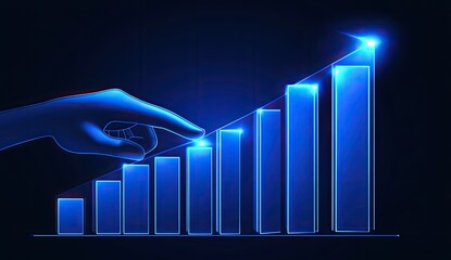 A hand guides a rising bar graph, signifying growth and progress.  The glowing blue graph and hand depict a concept of digital progress