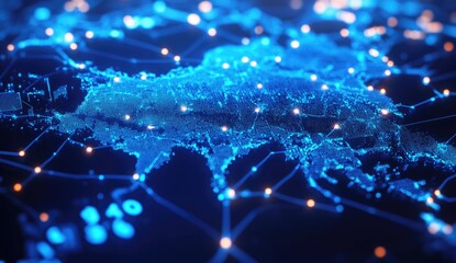 Global network map of Asia, highlighted with luminous connections and data points