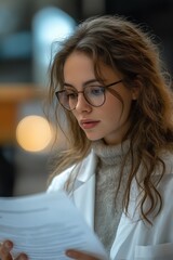 Focused female scientist reviewing documents in lab coat and glasses