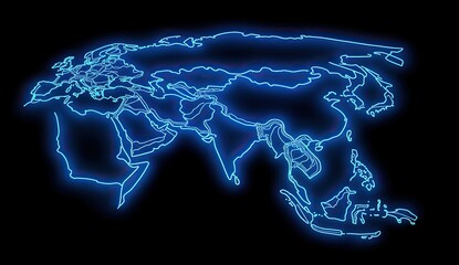 Eurasian continent map, outlined in glowing blue lines on a dark background. Detailed borders of countries
