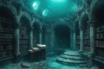 Underwater library showcasing ancient architecture and submerged books in an enchanting atmosphere