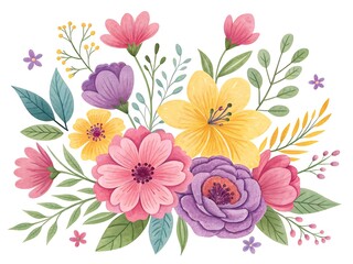 Elegant Watercolor Floral Bouquet with Pink, Purple, and Yellow Flowers on White