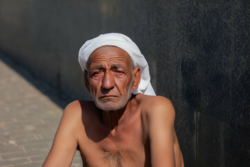 Elderly man with a white towel on his head sitting against a stone wall in the sun, reflecting resilience and wisdom in everyday life