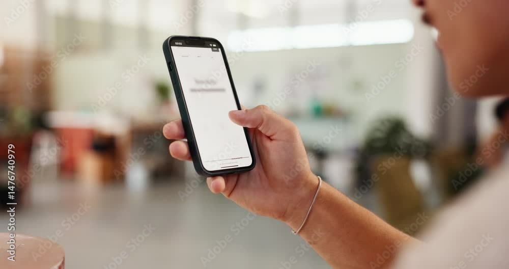 Poster Man, phone screen and hands in startup for invoice, service quote and information in workshop. Creative, entrepreneur and statement on mobile display for stock order, account management and scroll