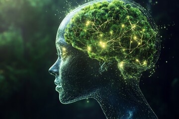 Conceptual illustration of a human head with a brain network.