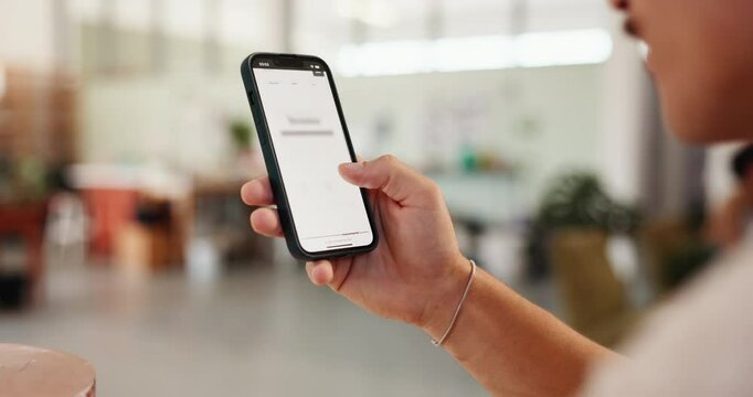 Man, phone screen and hands in startup for invoice, service quote and information in workshop. Creative, entrepreneur and statement on mobile display for stock order, account management and scroll