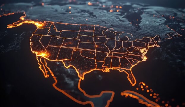 Fototapeta Detailed map of USA, highlighted with glowing city lights