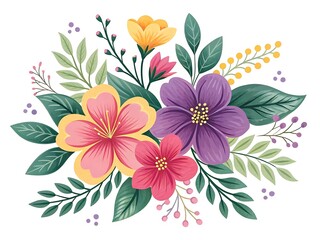 A vibrant floral bouquet featuring various flowers and green foliage elements