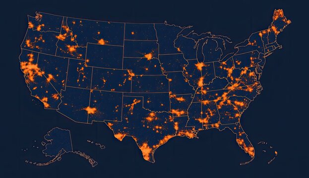 US map showing population density, or potential data.  Areas with higher populations are highlighted