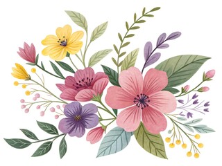 Watercolor floral arrangement featuring vibrant pink, purple, and yellow flowers and greenery