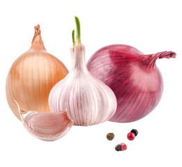 onions and garlic isolated on white background