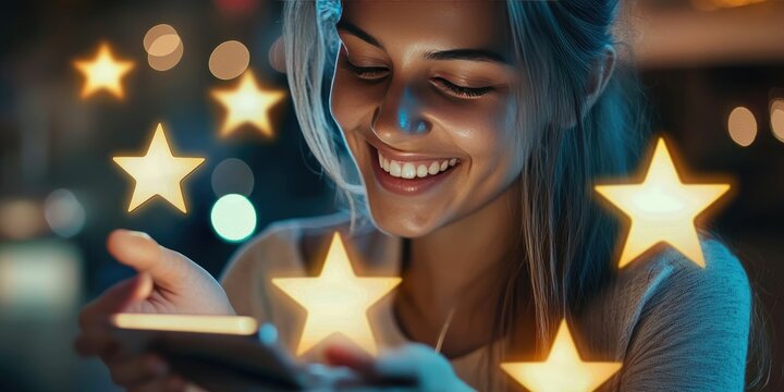 Interactive review moment with female user smiling and glowing star ratings