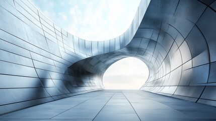 A futuristic cement tunnel with curved walls, dome ceiling, square tile floor, and a sky view portal creates a minimalist, captivating ambiance.