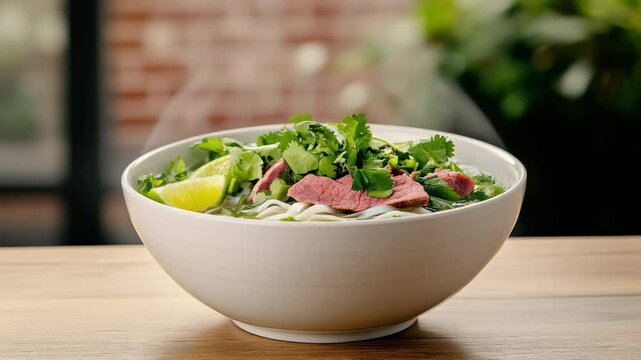Delicious bowl of pho soup with tender beef, fresh herbs, and zesty lime for comforting meal.