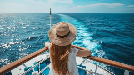 A serene image of a woman in a light dress and straw hat on a boat deck overlooking the ocean, creating a peaceful and tranquil scene.