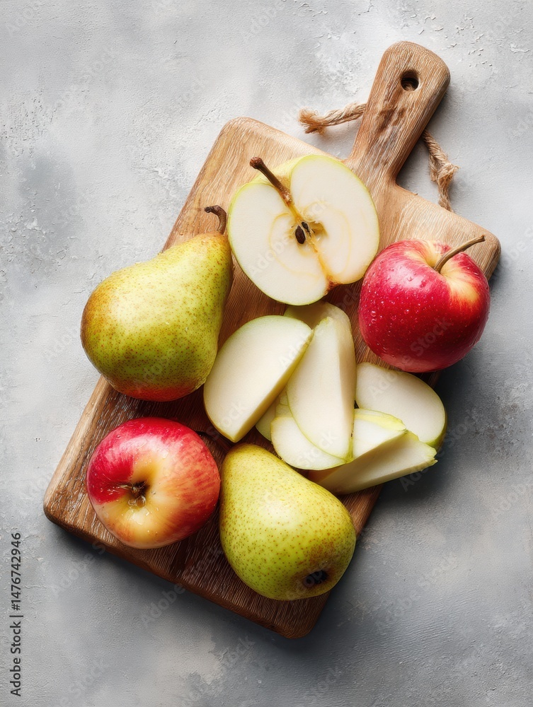 Poster Sliced Apples and Pears Arranged on a Wooden Cutting Board With Fresh Fruit Ready for Preparation in a Kitchen Setting