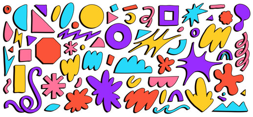 Cartoon funky geometric shapes, hand drawn abstract organic forms. Retro groovy flower, star and cloud stickers, primitive figure doodle, trendy playful contemporary graphic design elements vector set