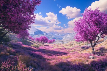 Vibrant Blossoms Blanket the Valley Under a Dreamy Sky in Springtime Magic Generative AI
