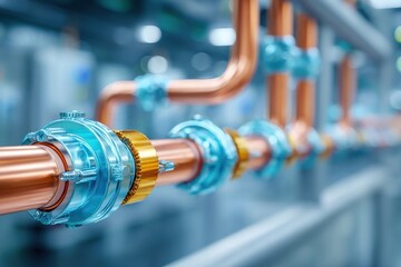 Close-up of shiny copper pipes with blue and gold connections creating an industrial abstract design, perfect for industrial concepts, engineering and manufacturing background.