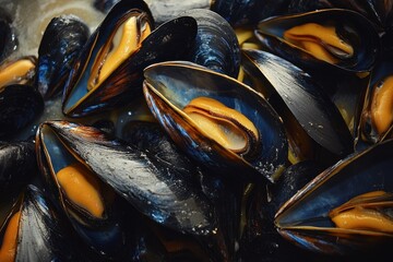 Mussels Pasta. Delicious Seafood Dish with Fresh Mussels and Spaghetti Noodles