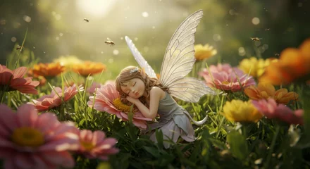 Fototapete Feen und Elfen Sleeping fairy in a flower field  © talkative.studio