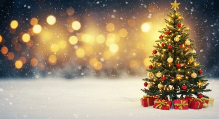 Christmas tree with gifts in snow