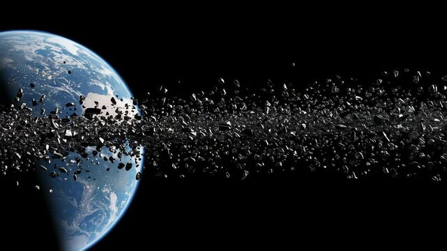 Earth with asteroid belt and space debris against black background  