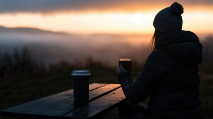 Obraz premium A woman enjoying a warm drink while watching a beautiful sunset over misty hills