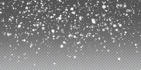 Vector heavy snowfall, snowflakes in air christmas decoration isolated background. White snow flying in the air. Snow flakes, snow background. Winter ambiance. Vector overlay for holiday designs.