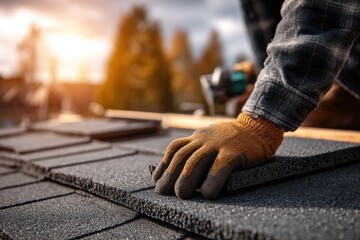 Installing asphalt shingles on a residential roof with safety gloves and a tool, under the sunlight, while improving home durability and longevity of the roof.