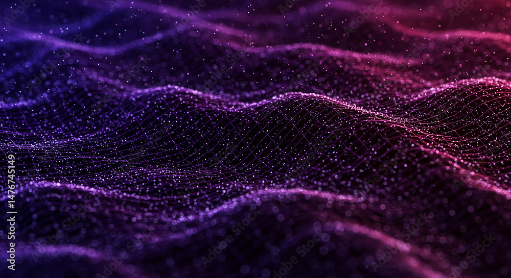 Poster abstract digital data structure with flowing particles in purple and red tones. futuristic technolog