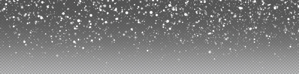 White snow flying on transparent  background. Snowflakes falling christmas decoration isolated background. Vector heavy snowfall, snowflakes. Vector overlay for holiday designs.