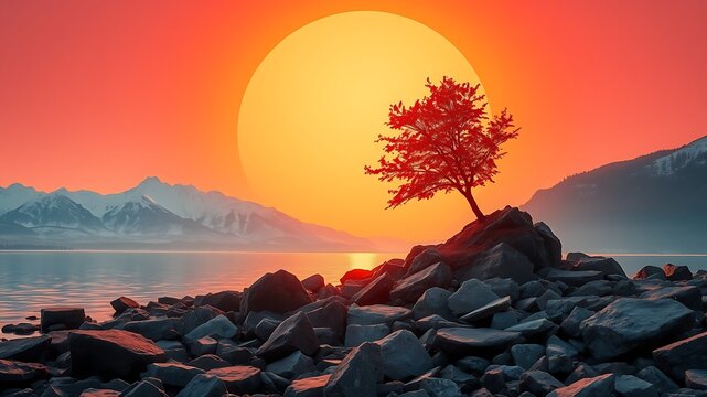 Scenic sunset over rocky coastline with red tree and mountain landscape reflection